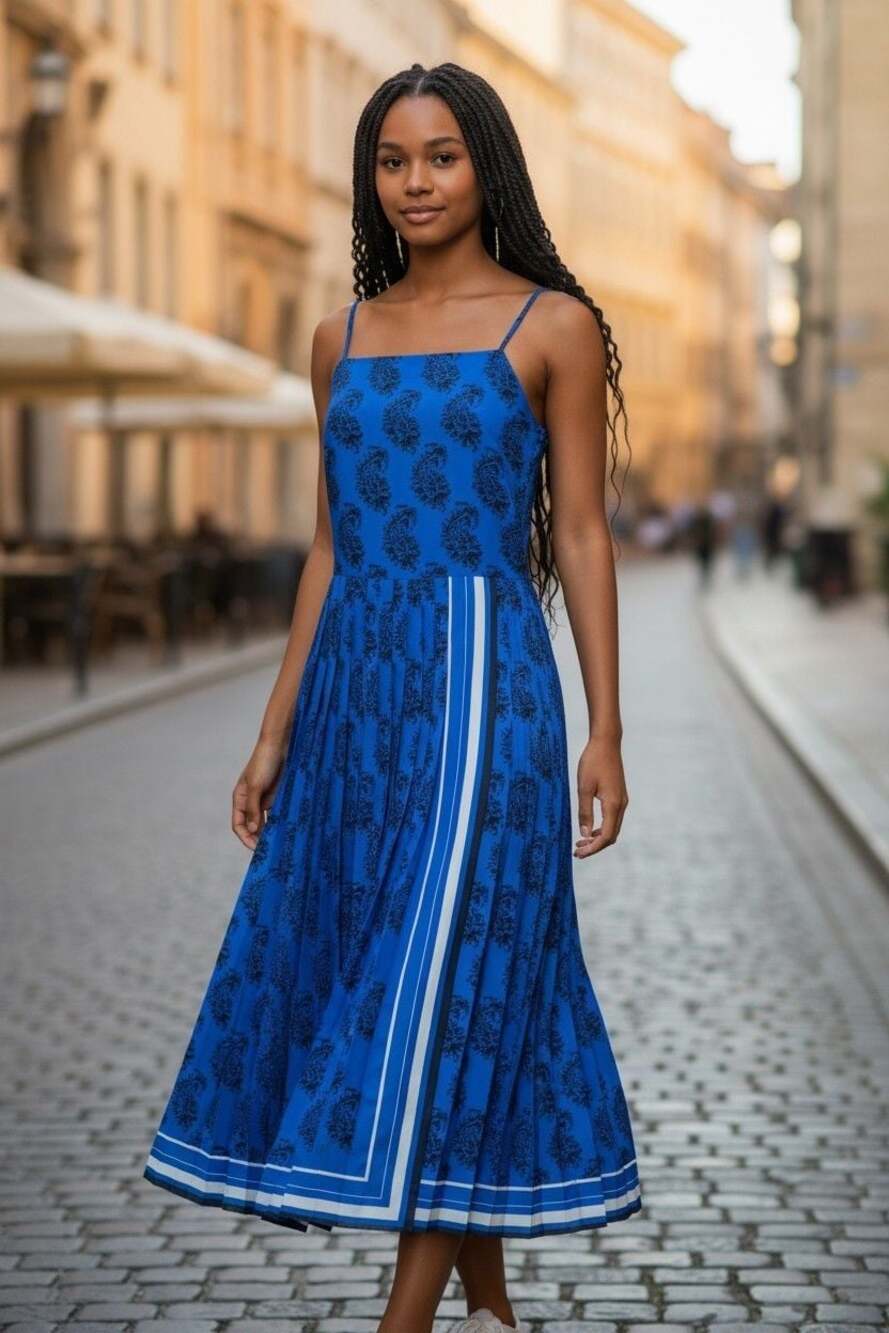 Banana Republic Blue Paisley Print Pleated Midi Dress